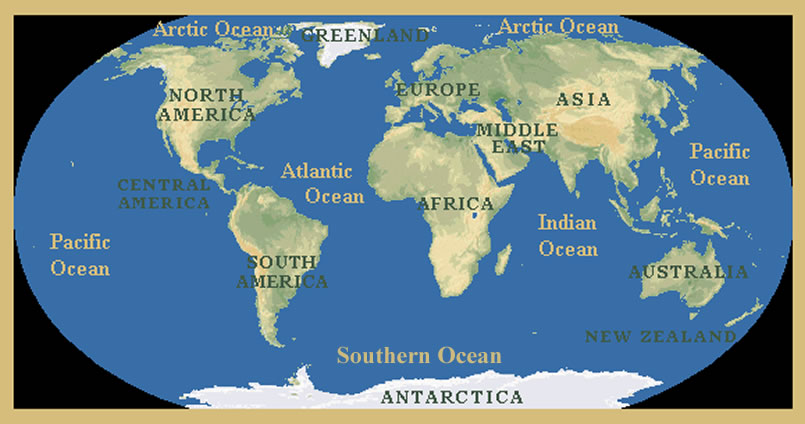  Use the map below to identify and locate the continents and oceans of .